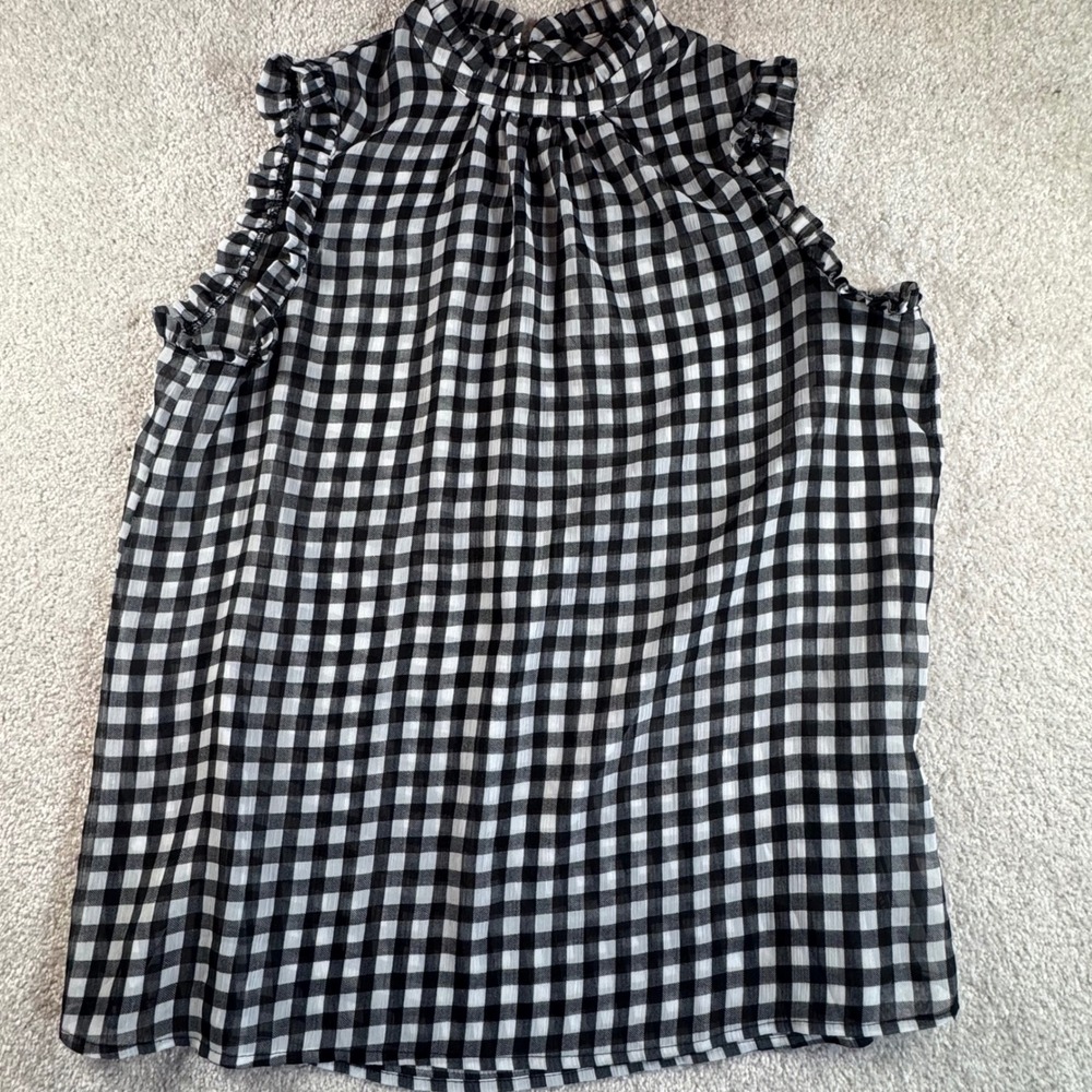 Who What Wear Black White Gingham Ruffle Mock Neck Sleeveless Blouse Medium